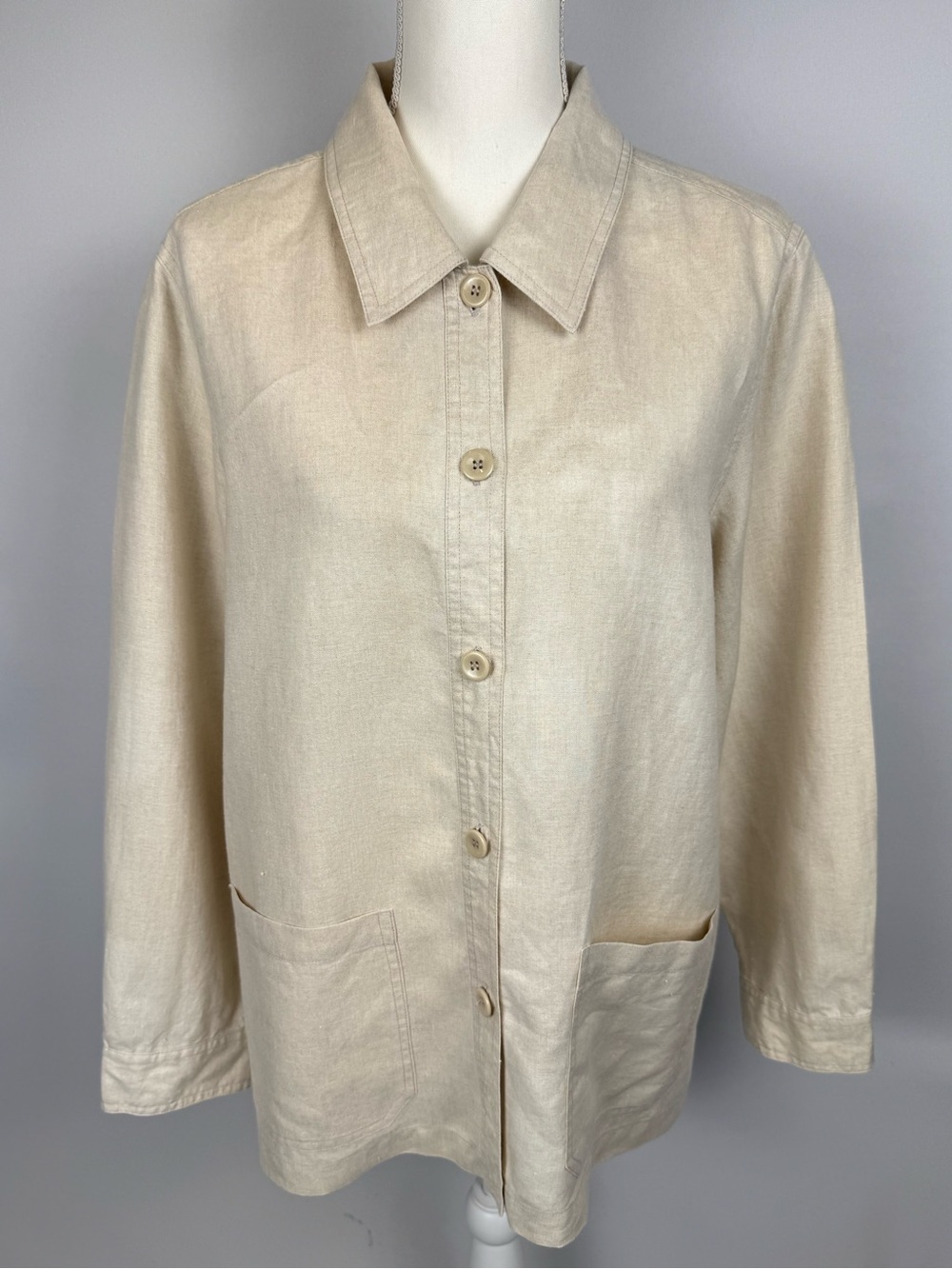 Vintage Pendleton Women’s Beige Linen Button Up Shirt Jacket Shacket Pockets LG